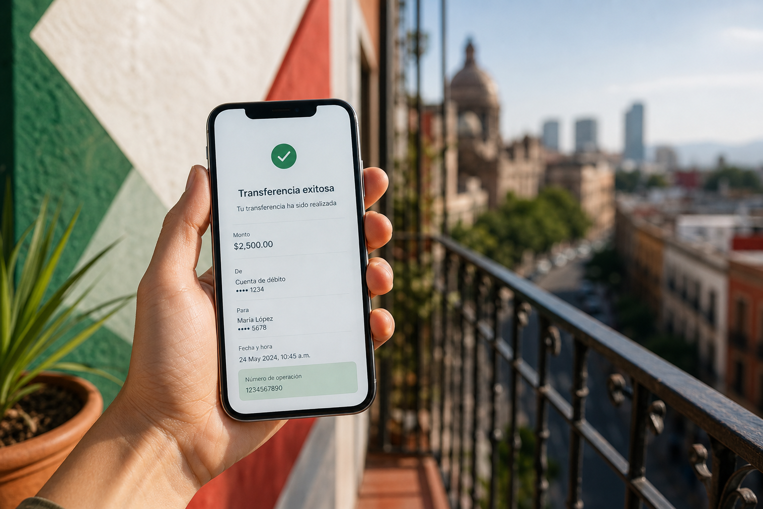 A smartphone showing a successful bank transfer held against a Mexican city backdrop